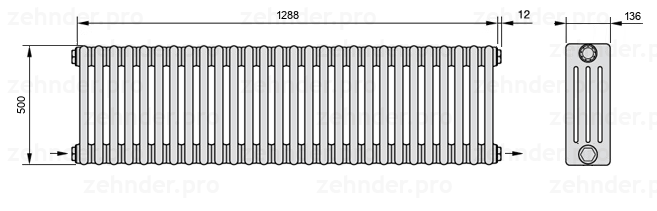Схема (чертеж) Радиатор Zehnder Charleston 4050/28 №2670 Белый глянцевый RAL 9016